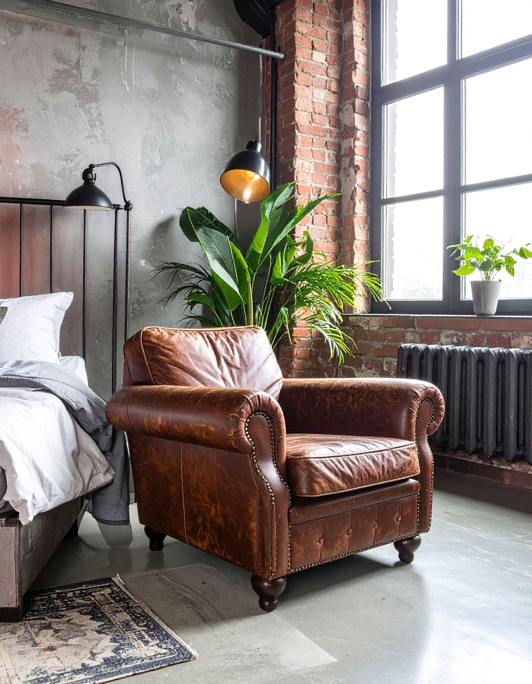 Industrial Bedroom with Distressed Leather Accents - 20 Industrial Bedroom Ideas for a Modern and Edgy Look