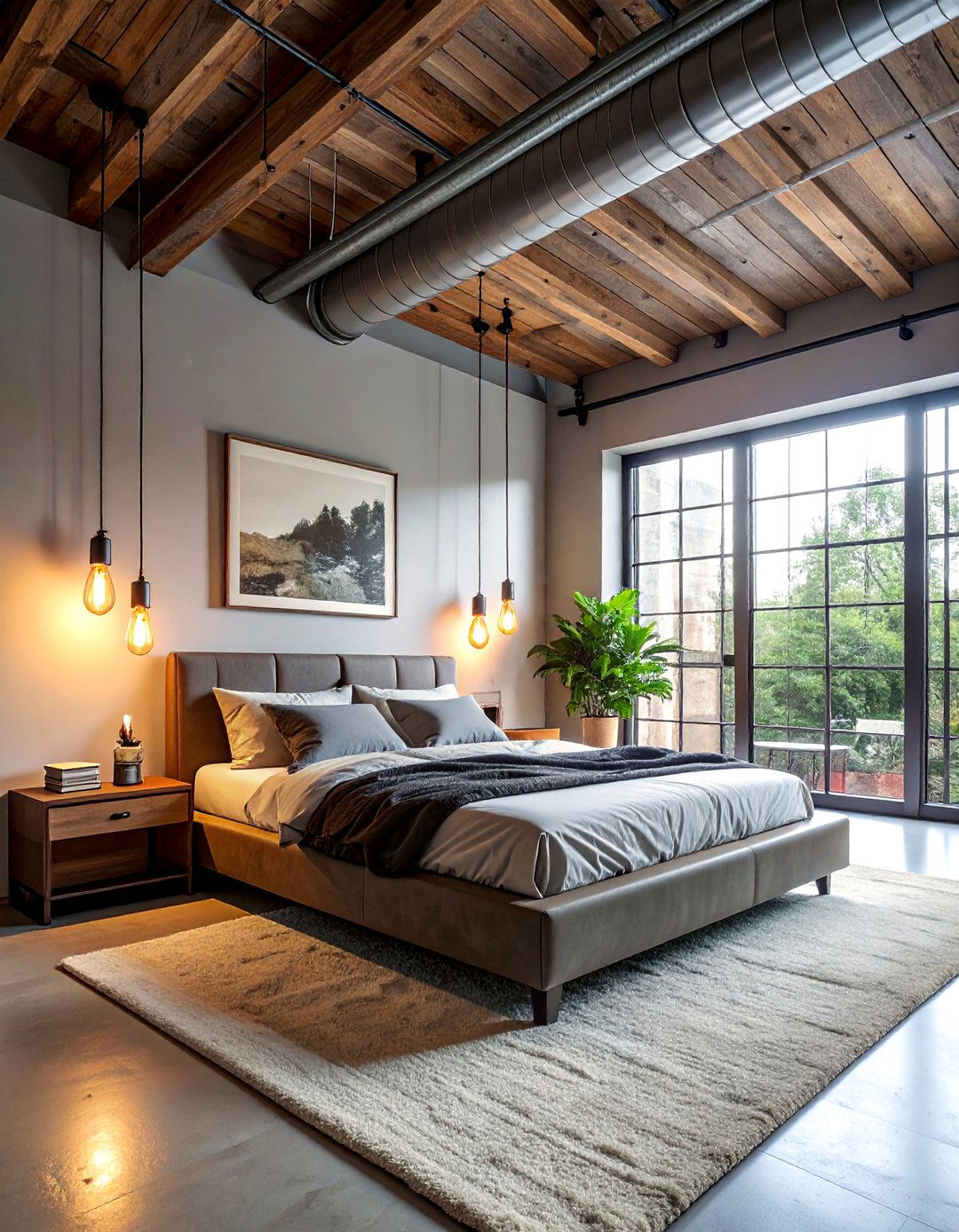 Industrial Bedroom with Metal Conduit Lighting - 20 Industrial Bedroom Ideas for a Modern and Edgy Look