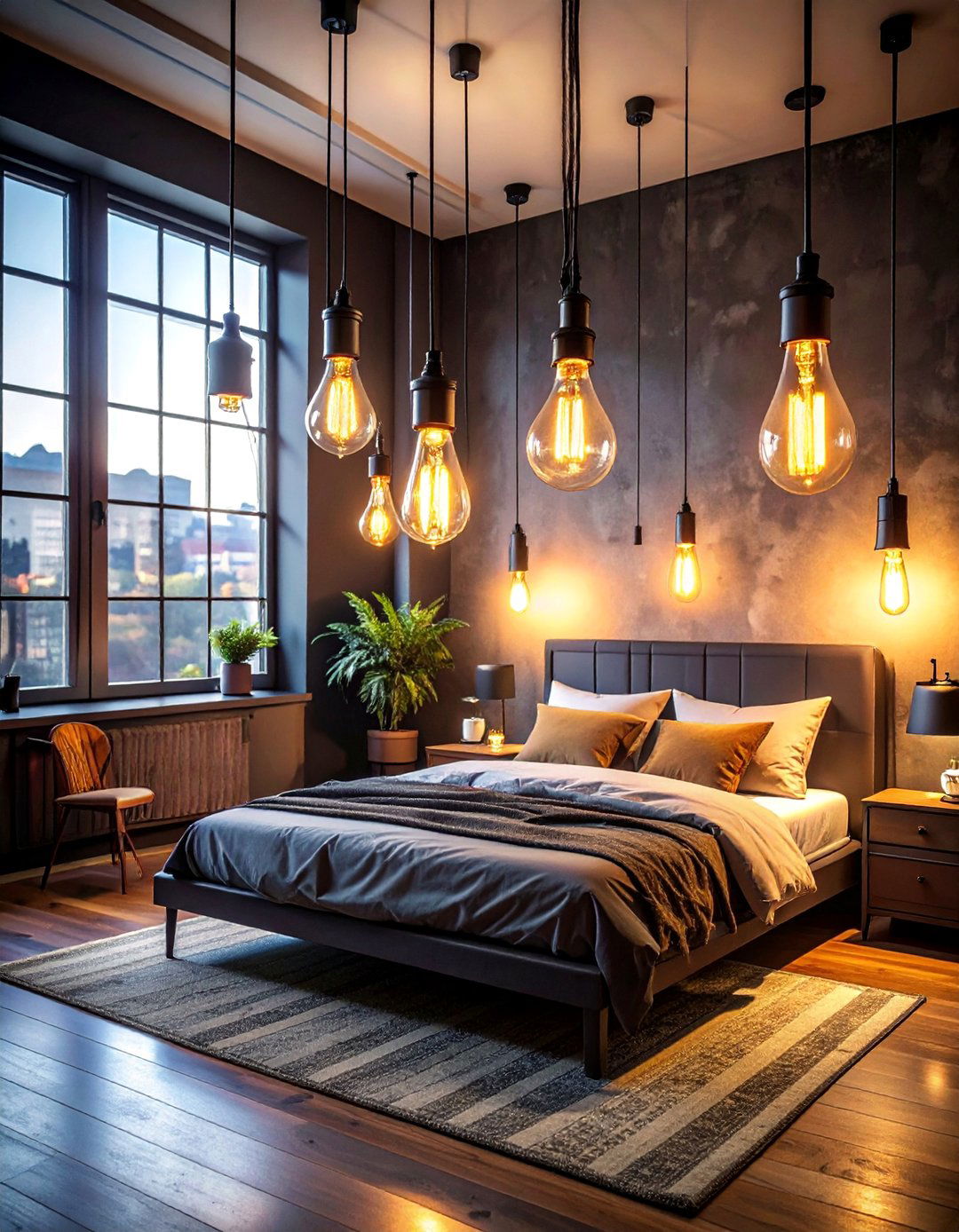 Industrial Bedroom with Vintage Edison Bulb Pendants - 20 Industrial Bedroom Ideas for a Modern and Edgy Look