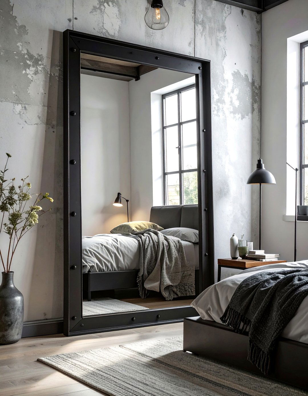 Industrial Black Metal Frame Mirrors - 30 Mirror Behind Nightstand Ideas for Stylish Bedrooms