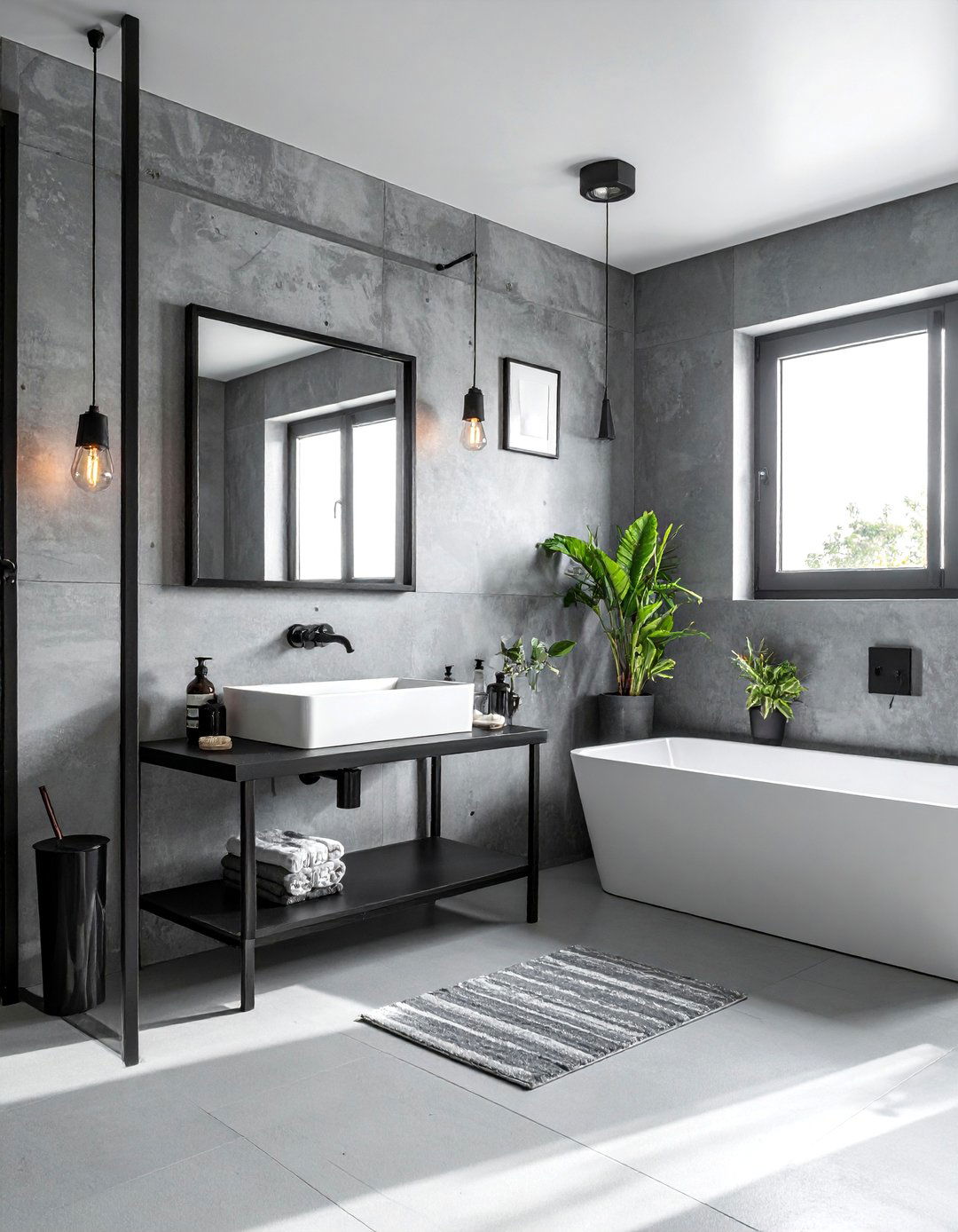 Industrial Concrete Walls with Black Metal Accents - 20 Black and Grey Bathroom Ideas for a Stylish Retreat