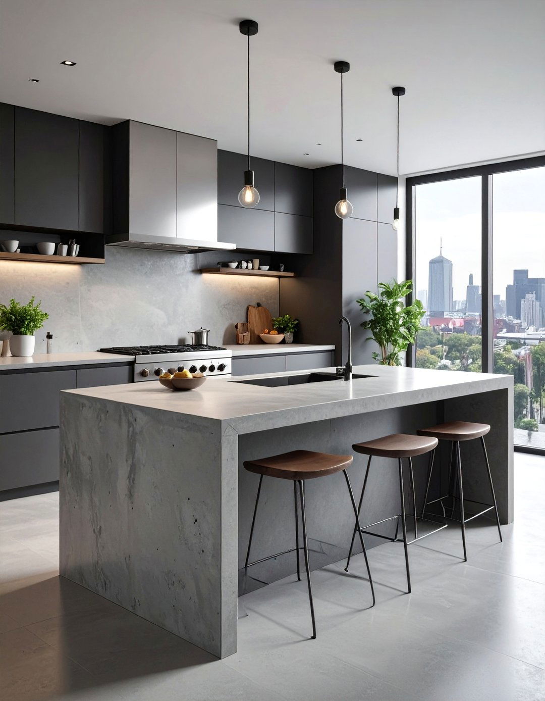 Industrial Concrete Waterfall Feature - 15 Waterfall Kitchen Island Ideas for Modern Homes