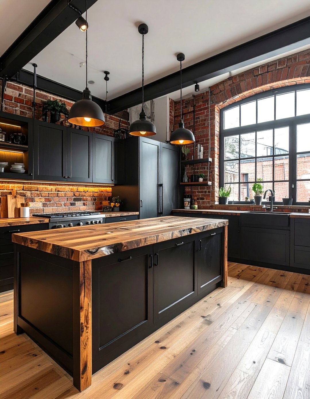 Industrial Kitchen with Reclaimed Wood Countertops - 25 Stunning Kitchen Ideas with Black Cabinets & Wood Countertops
