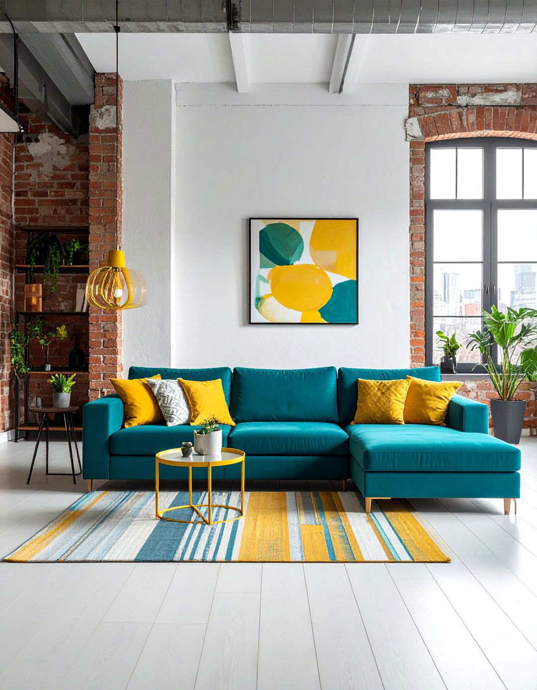 Industrial Living Room with Teal and Yellow Pops - 25 Vibrant Teal and Yellow Living Room Ideas