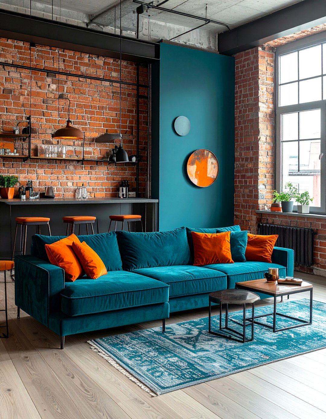 Industrial Loft with Exposed Brick and Teal Accents