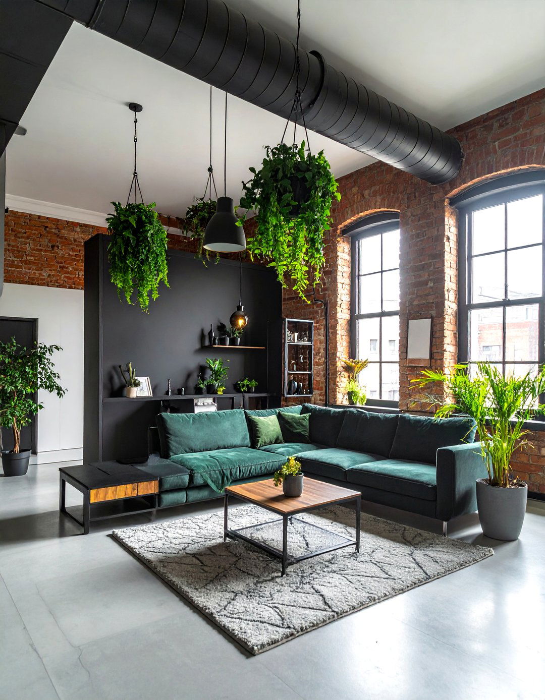 Industrial Look with Exposed Black Pipes and Plants - 30 Black and Green Living Room Ideas for a Luxe Feel