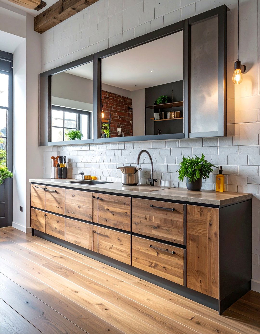 Industrial Metal Frame Mirrors - 30 Mirrored Backsplash Kitchen Ideas for a Sleek Look