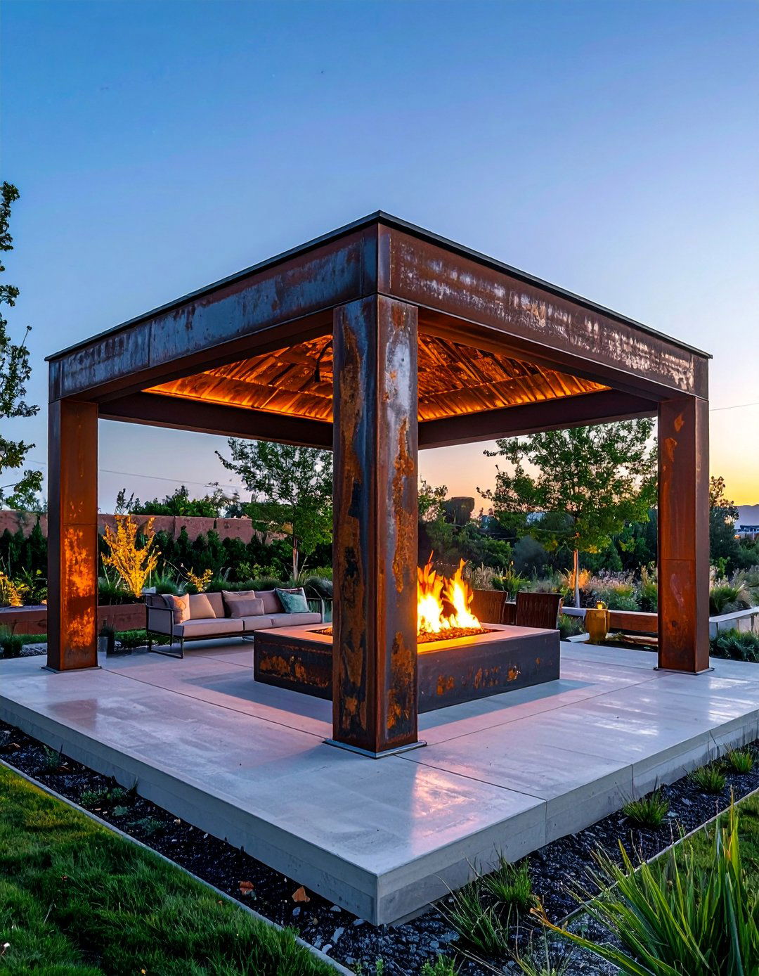 Industrial Style Gazebo with Metal Fire Feature - 25 Gazebo With Fireplace Ideas for Cozy Outdoor Living