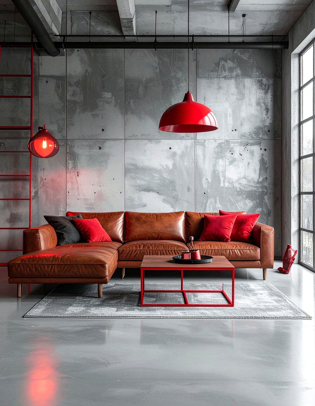 Industrial Style with Grey Concrete and Red Metal Accents - 25 Red and Grey Living Room Ideas for a Modern Look
