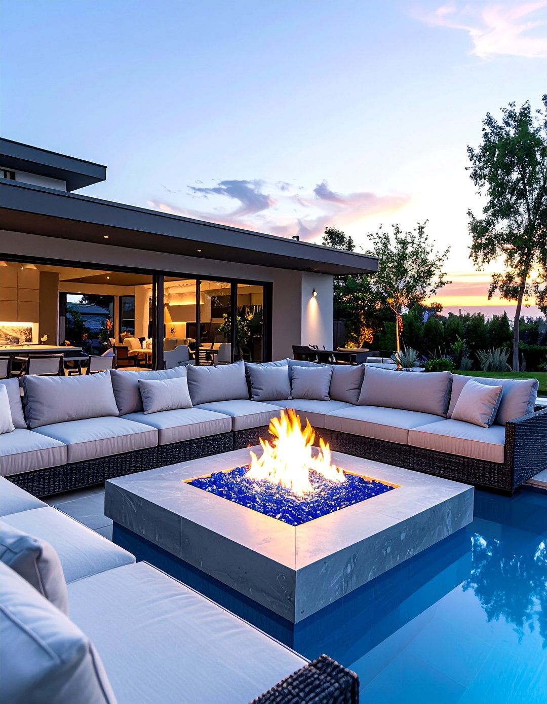 Integrated Poolside Fire Pit Lounge - 20 Pool Decor Ideas for a Refreshing Outdoor Oasis
