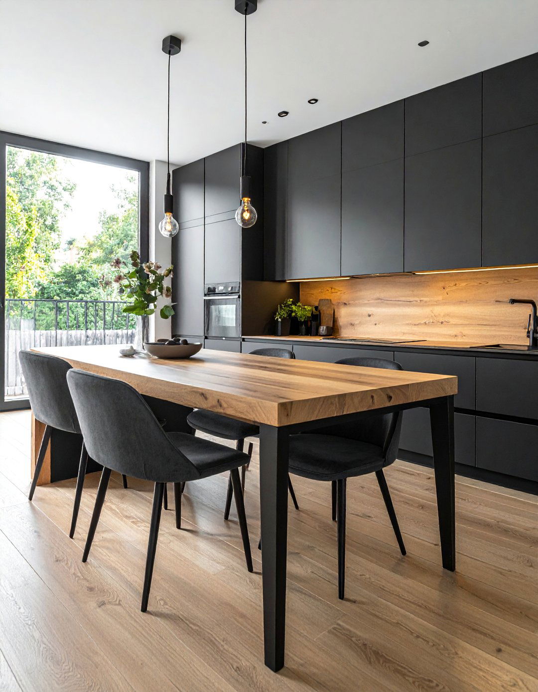 Integrated Wood Countertop and Dining Table - 25 Stunning Kitchen Ideas with Black Cabinets & Wood Countertops