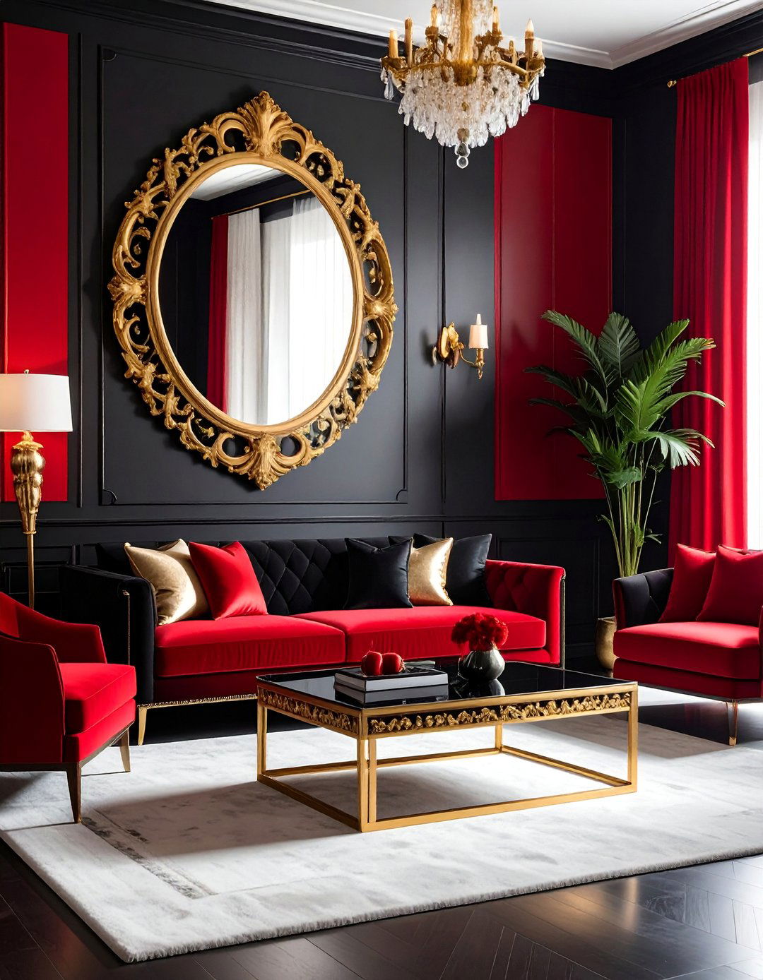 Integrating Metallic Gold Accents - 25 Black and Red Living Room Ideas for Bold Interiors