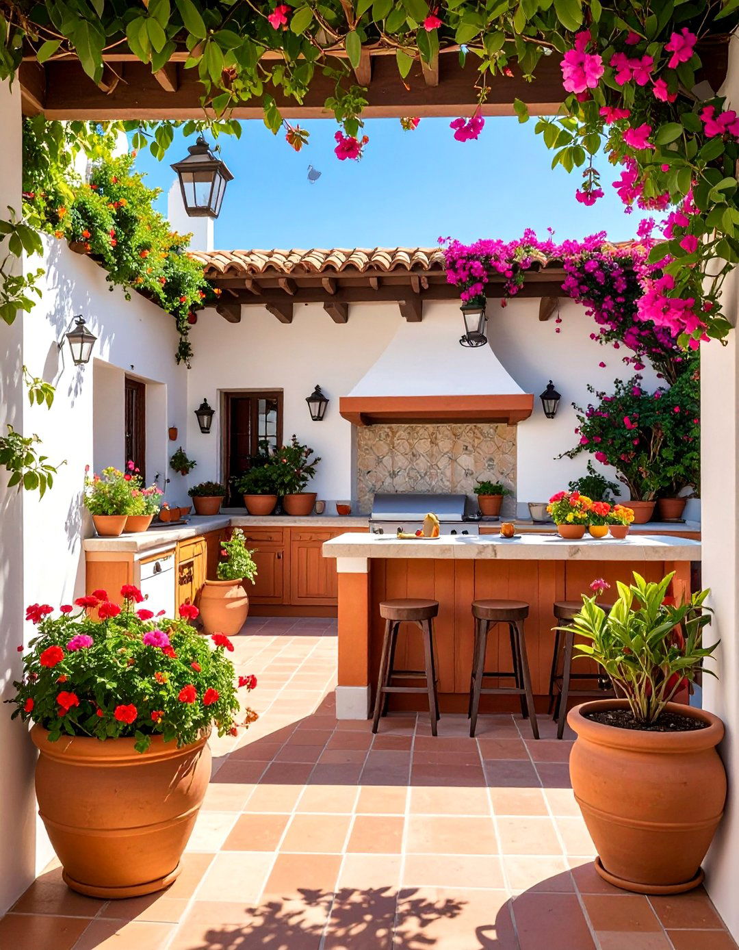Integrating Potted Plants and Greenery - 20 Spanish Style Outdoor Kitchen Ideas for Your Backyard