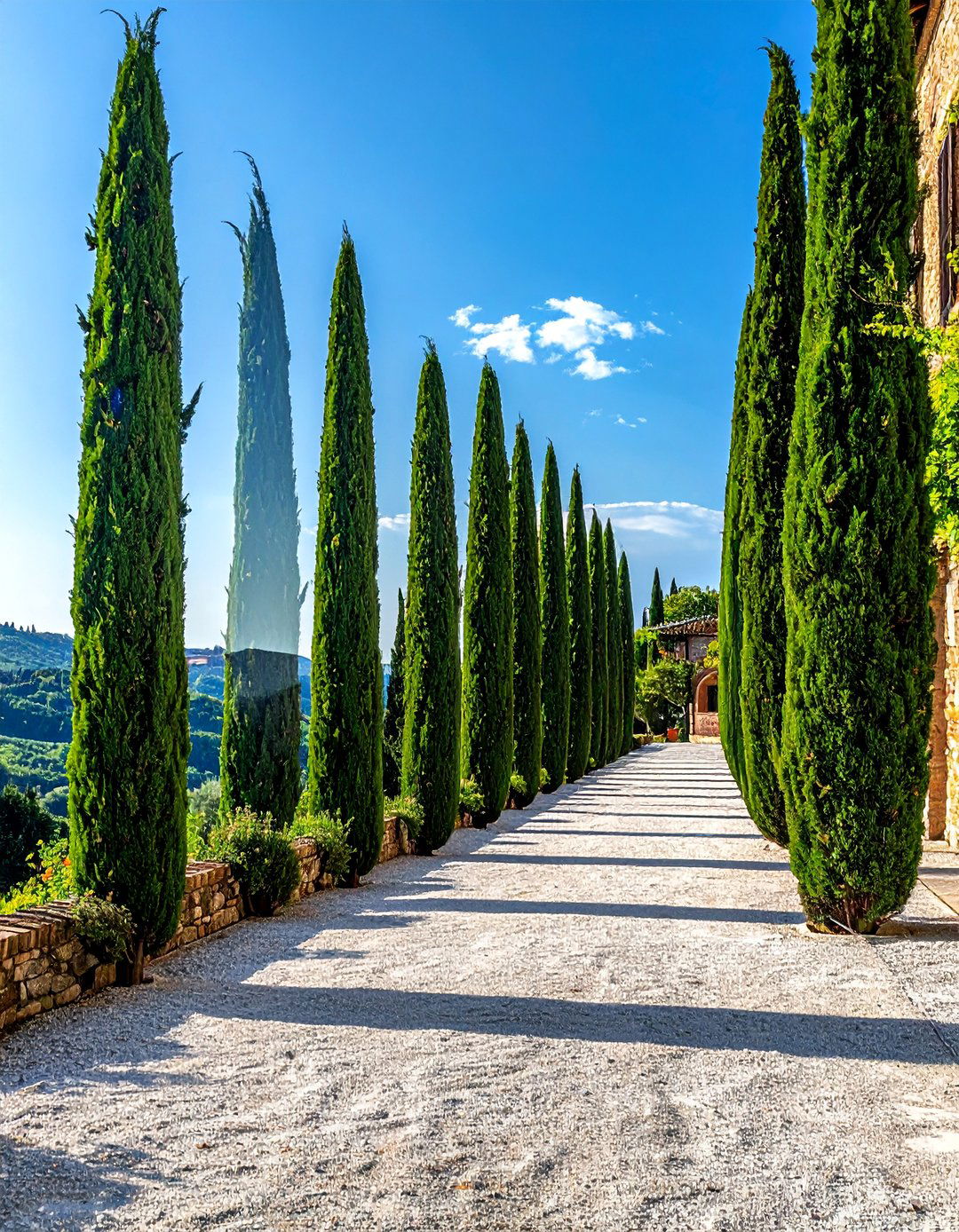 Italian Patio Accented with Cypress Trees - 20 Italian Patio Ideas for a Mediterranean Outdoor Oasis