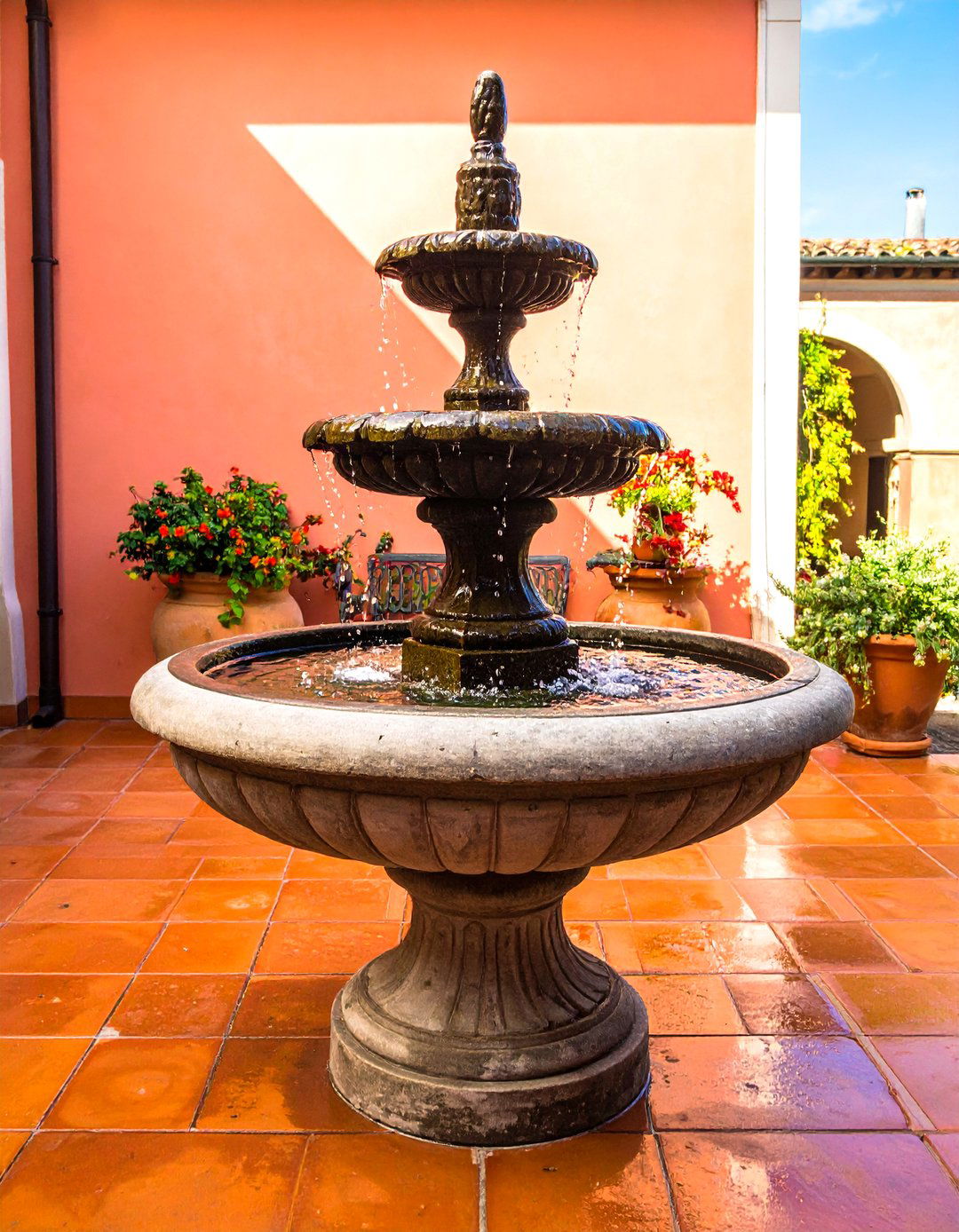Italian Patio Featuring a Tiered Water Fountain - 20 Italian Patio Ideas for a Mediterranean Outdoor Oasis