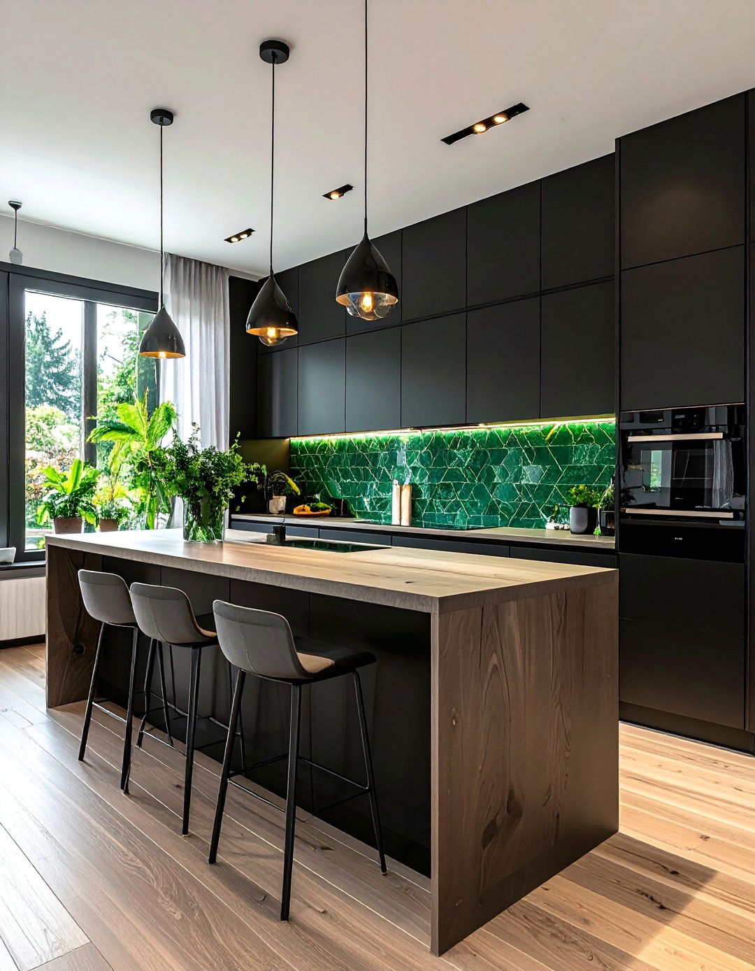 Jade Green Tile with Black Stainless Steel Appliances - 30 Black and Green Kitchen Ideas for a Modern Twist
