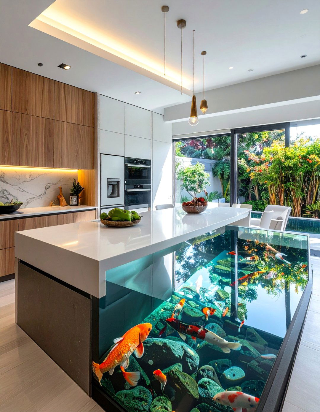 Kitchen Island Koi Pond Integration - 20 Indoor Koi Pond Ideas for a Tranquil Home Environment