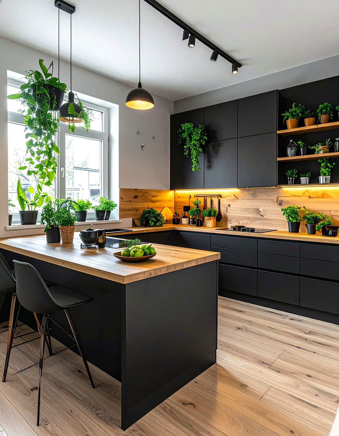 Kitchen with Greenery and Black Cabinets - 25 Stunning Kitchen Ideas with Black Cabinets & Wood Countertops