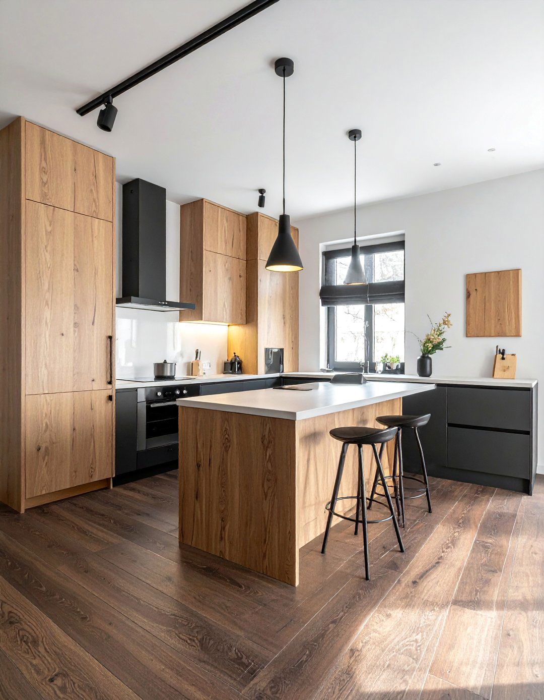 Kitchens With Dark Wood Floors and Black Matte Hardware - 25 Kitchens With Dark Wood Floors for Elegant Spaces