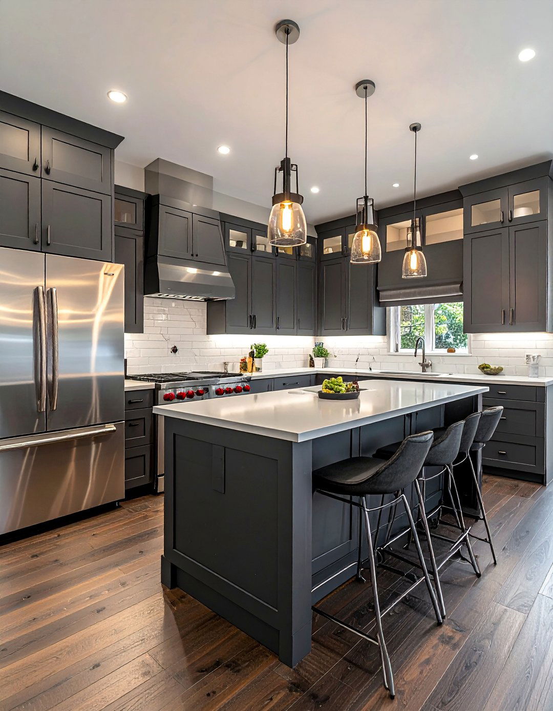 Kitchens With Dark Wood Floors and Stainless Steel Appliances