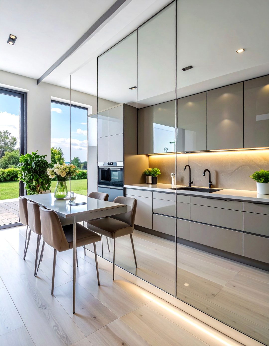 Large Format Mirror Panels - 30 Mirrored Backsplash Kitchen Ideas for a Sleek Look