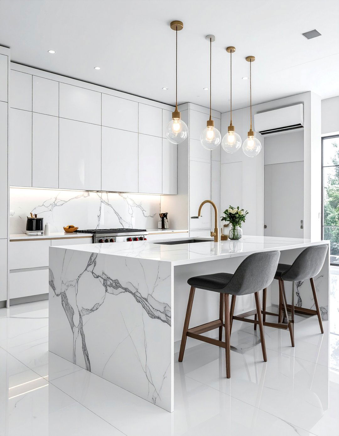 Large Format White Marble Slabs - 40 Kitchen Backsplash Ideas for White Cabinets