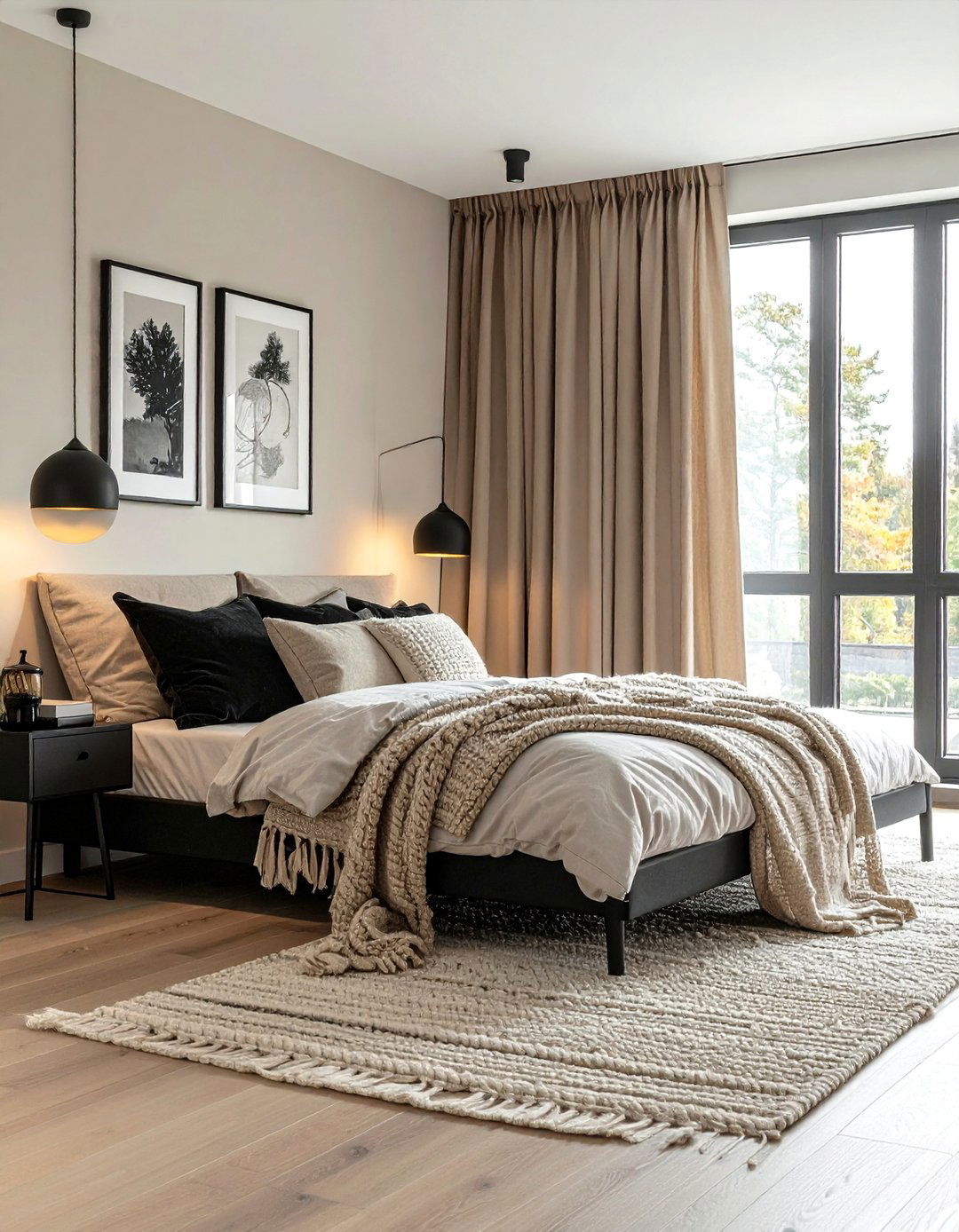 Layered Beige Textures with Black Accents - 20 Black and Beige Bedroom Design Ideas for Serenity
