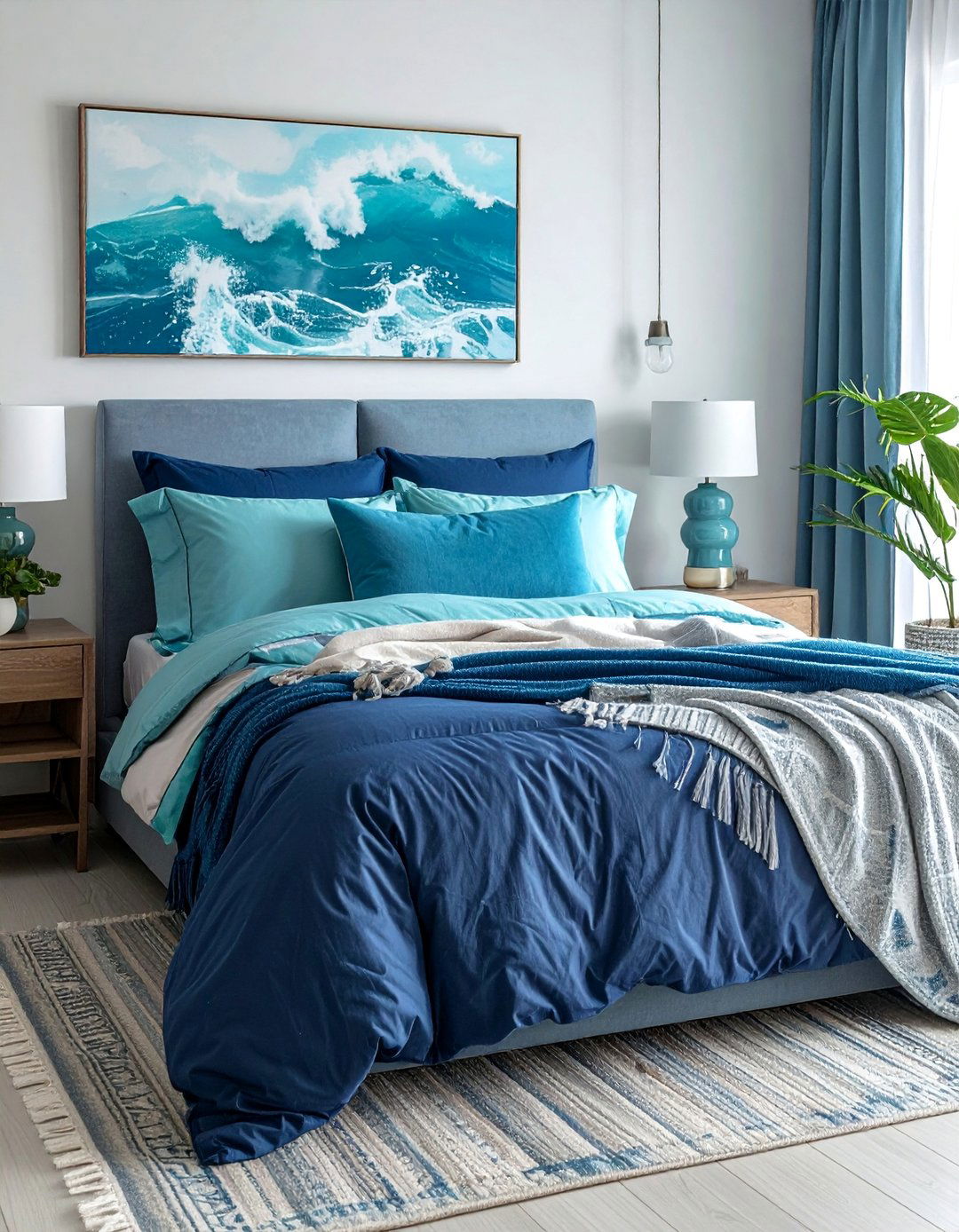 Layered Blue Bedding in an Ocean themed Bedroom - 40 Ocean-themed Bedroom Ideas for a Serene Retreat