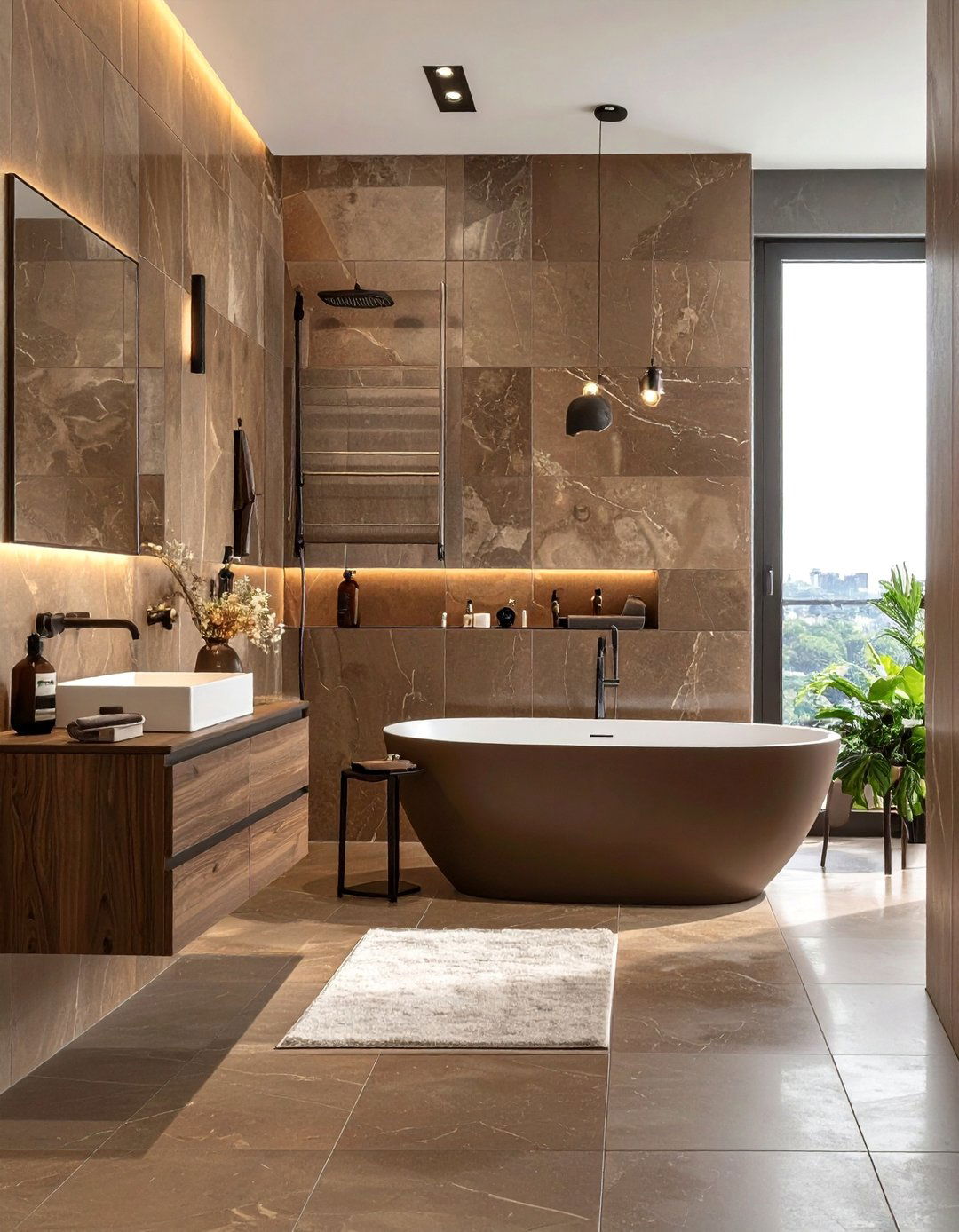 Layered Brown Tonal Design - 25 Brown Bathroom Ideas for a Relaxing and Elegant Space