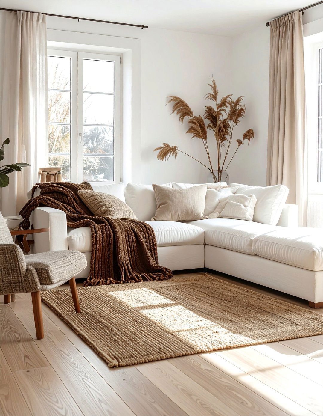 Layered Brown and White Textured Fabrics - 30 Brown and White Living Room Ideas for a Warm Look
