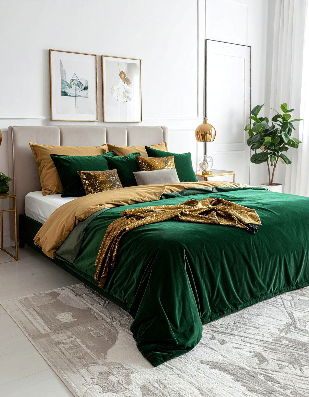 Layered Emerald Green Bedding with Gold Throw Pillows - 20 Emerald Green and Gold Bedroom Ideas for a Luxe Look