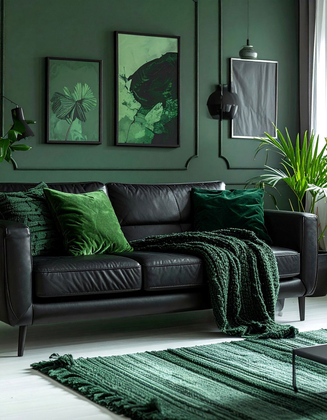 Layered Green Textiles on a Black Leather Sofa - 30 Black and Green Living Room Ideas for a Luxe Feel