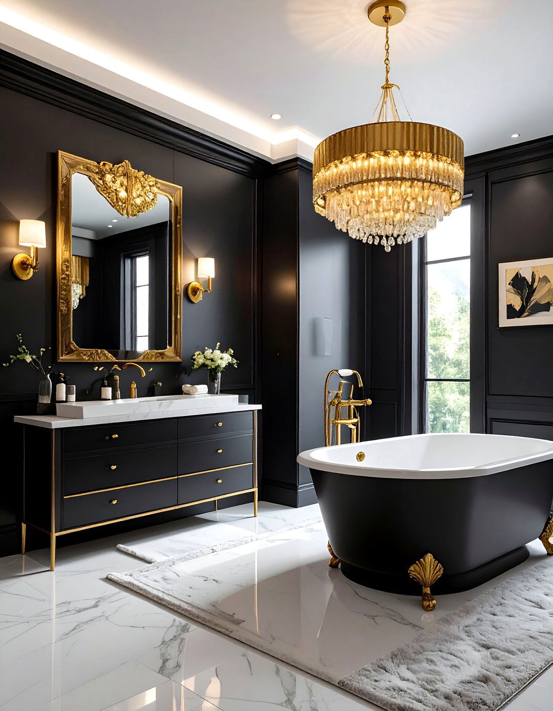 Layered Lighting with Gold Finishes - 20 Black and Gold Bathroom Ideas for a Luxurious Feel