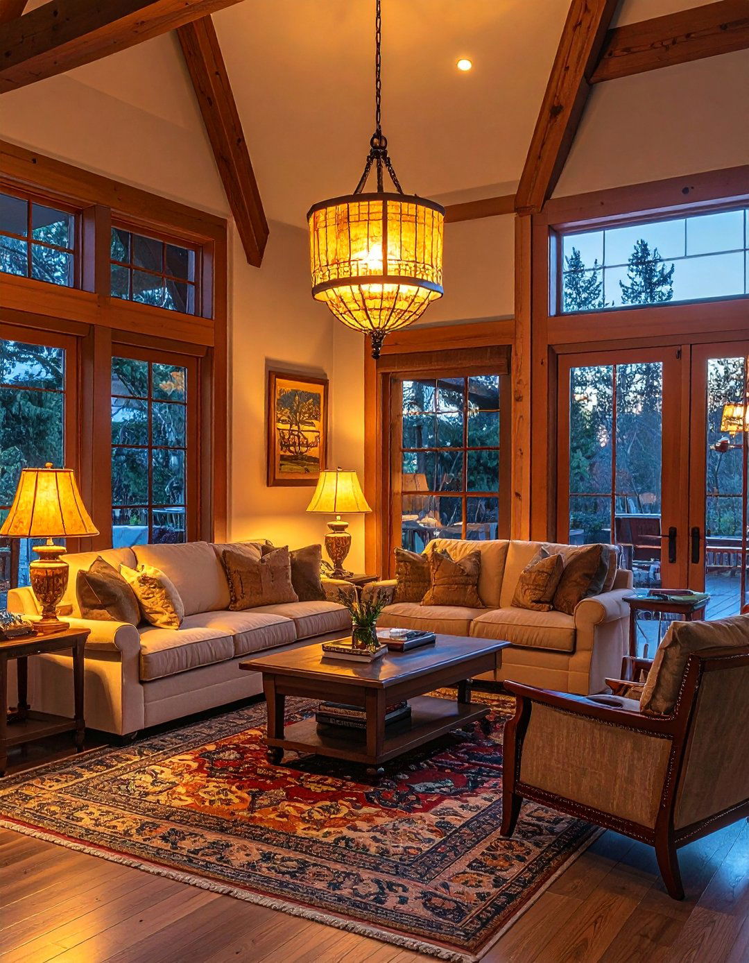 Layered Lighting with Mica and Art Glass Fixtures - 30 Craftsman Living Room Ideas for a Timeless Look
