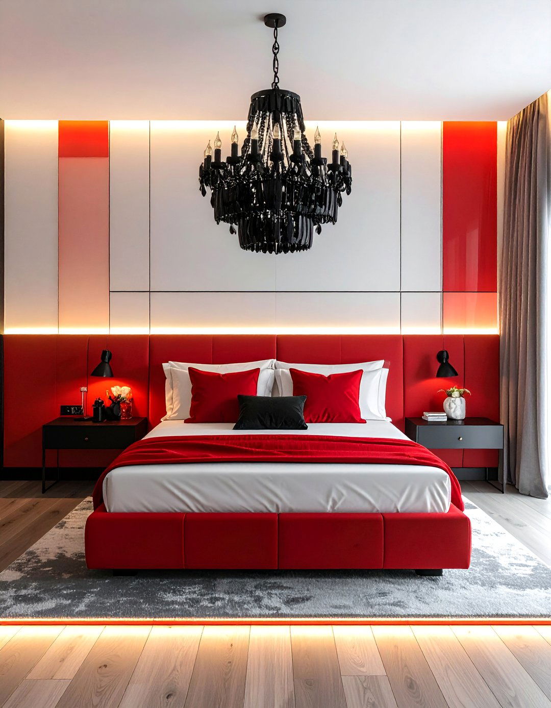 Layered Red Black and White Lighting - 25 Red, Black, and White Bedroom Ideas for Bold Style