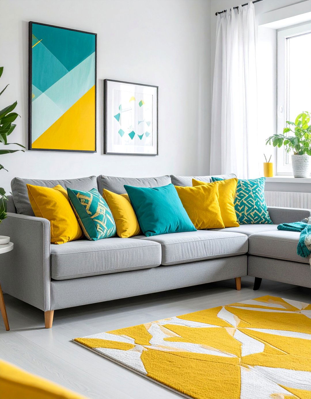 Layered Teal and Yellow Throw Pillows - 25 Vibrant Teal and Yellow Living Room Ideas