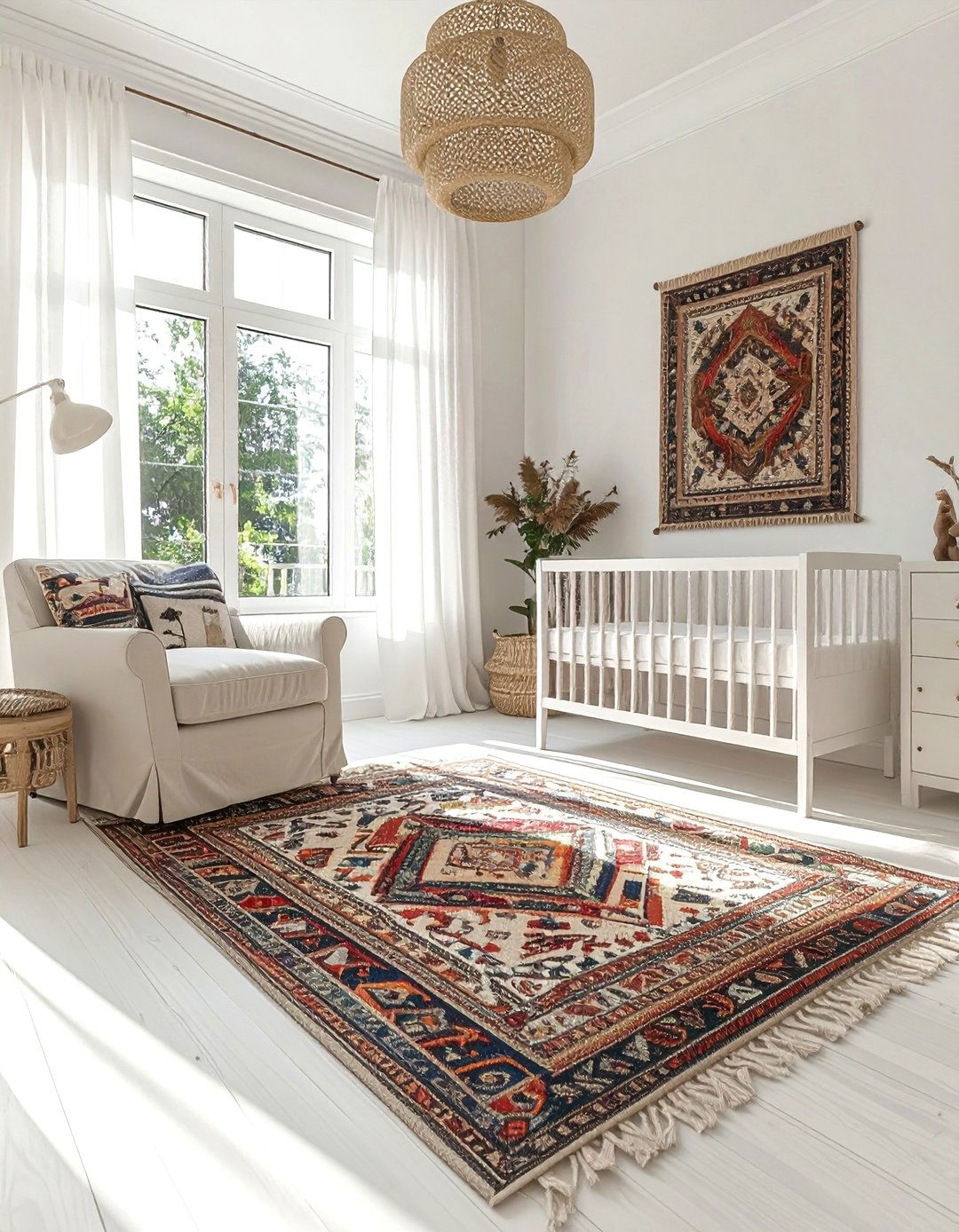 Layered Vintage Inspired Rugs in a Boho Nursery - 30 Boho Nursery Ideas for a Cozy and Stylish Space