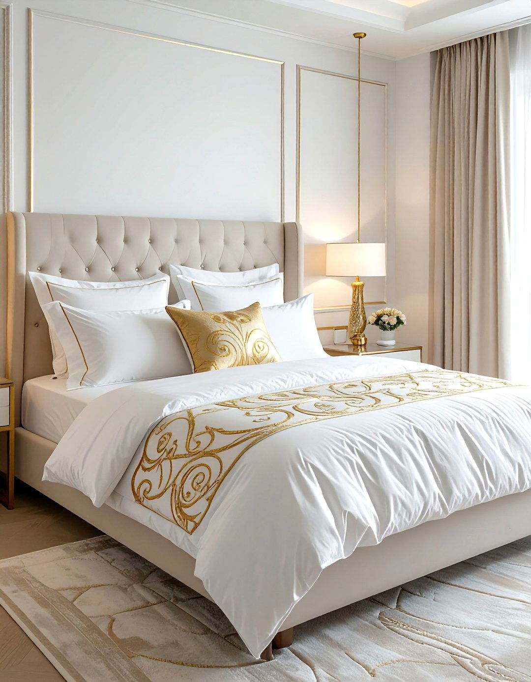 Layered White Bedding with Gold Embroidery - 25 White and Gold Bedroom Ideas for a Luxurious Look