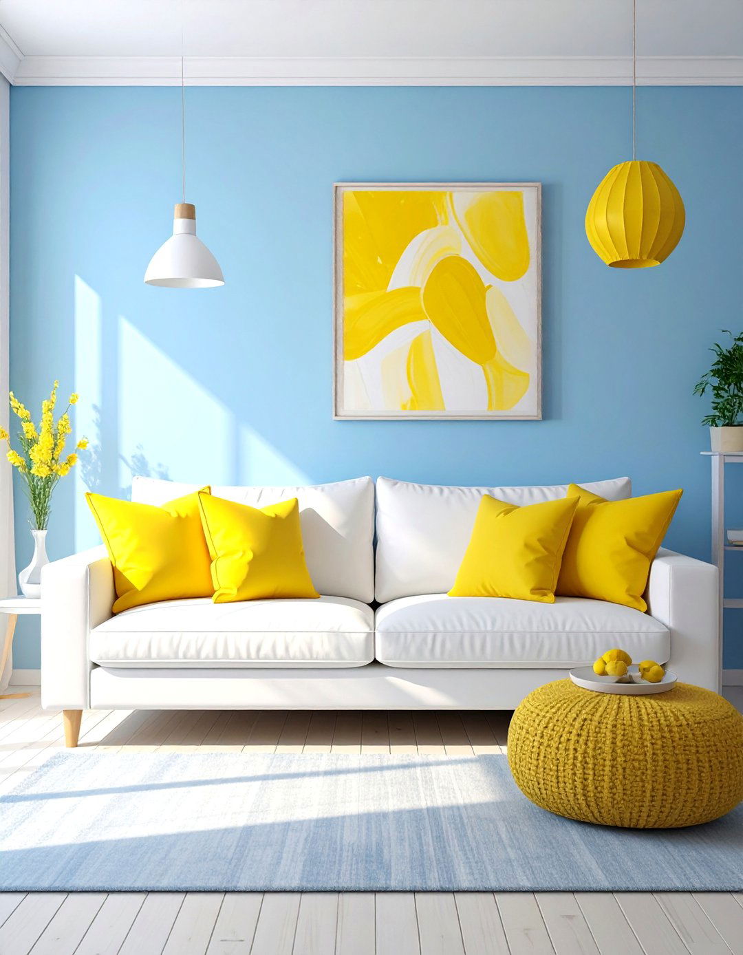 Lemon Yellow Accents in a Sky Blue Room - 15 Yellow and Blue Living Room Ideas for Cheer
