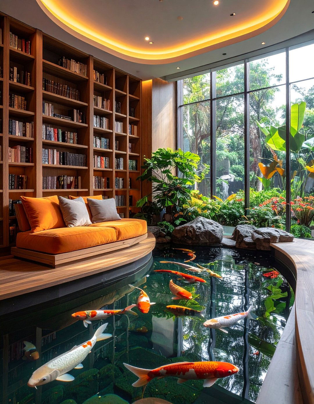 Library Reading Nook Koi Pond - 20 Indoor Koi Pond Ideas for a Tranquil Home Environment