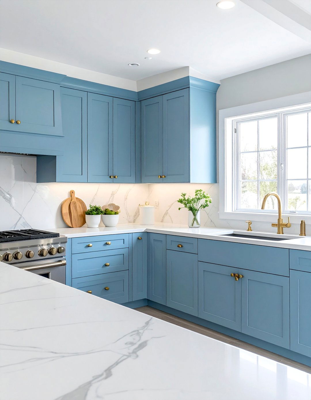 Light Blue Kitchen Cabinets With Gold Hardware and Quartz Countertops - 30 Blue Kitchen Cabinets With Gold Hardware Ideas