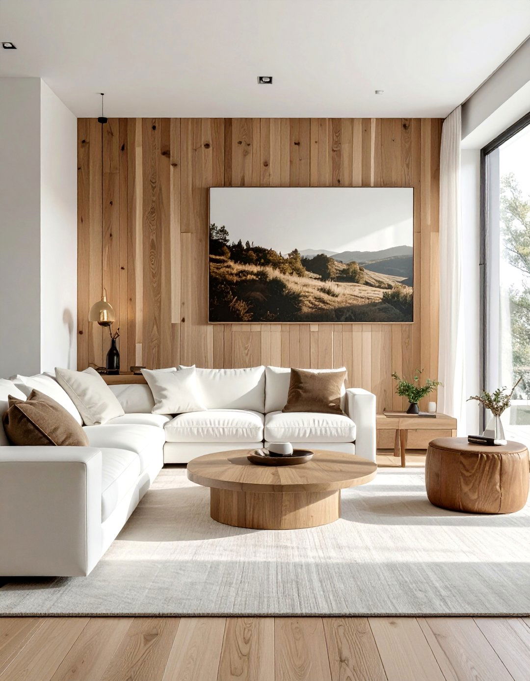 Light Brown Wood Paneling Accent Wall - 30 Brown and White Living Room Ideas for a Warm Look