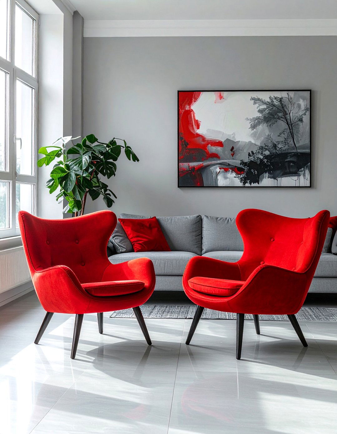 Light Grey Walls with Red Accent Chairs - 25 Red and Grey Living Room Ideas for a Modern Look