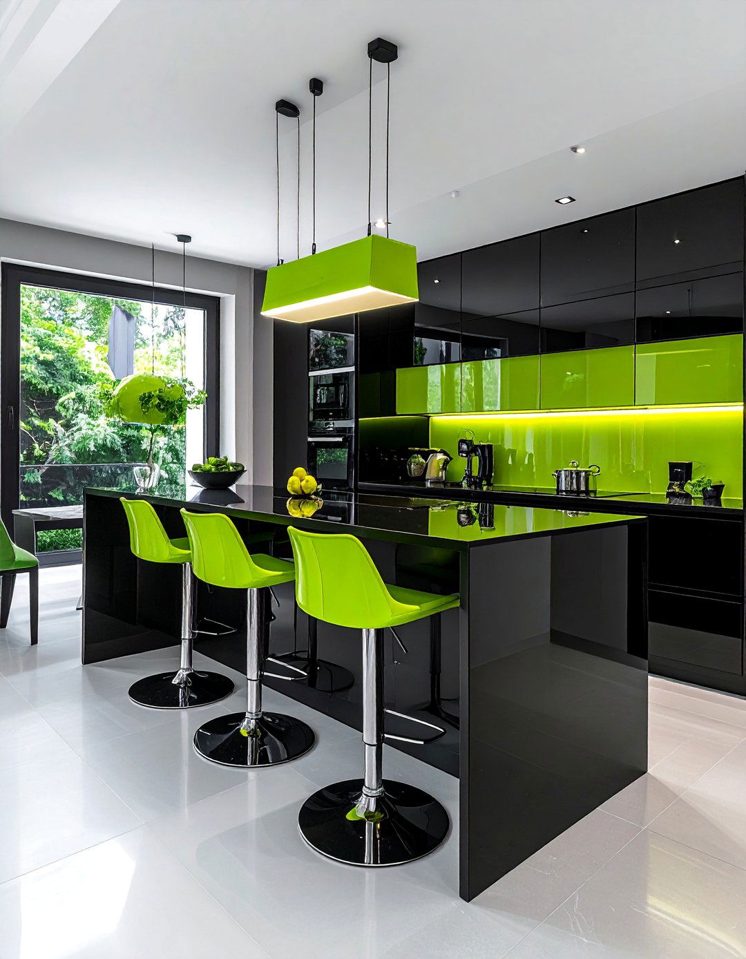 Lime Green Accents in a High Gloss Black Kitchen - 30 Black and Green Kitchen Ideas for a Modern Twist