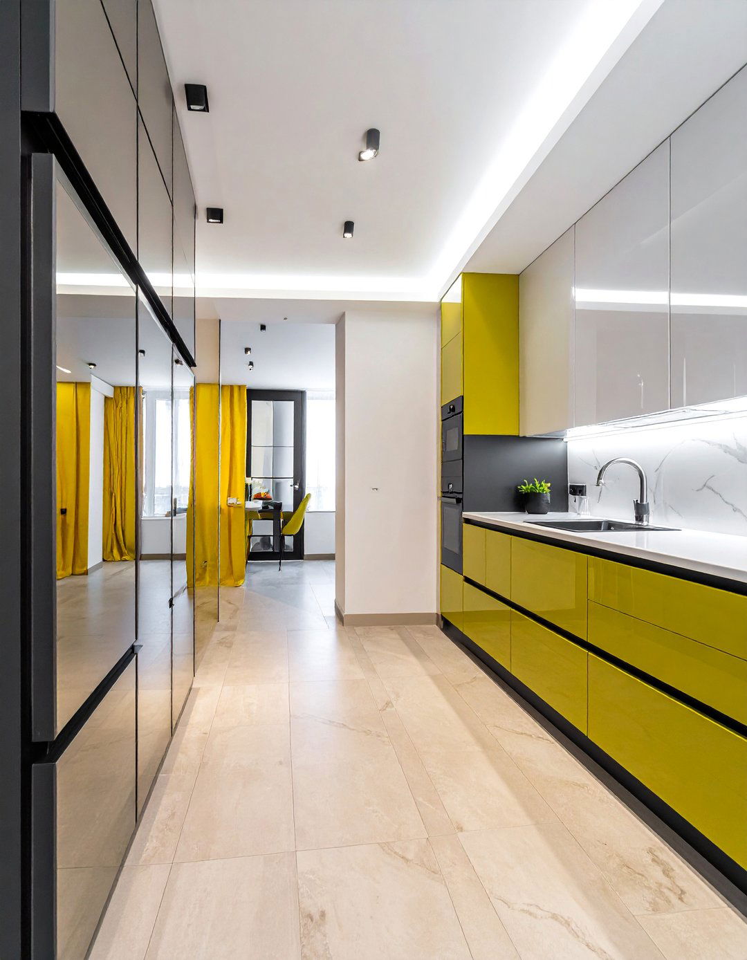 Linear Strip Mirror Arrangement - 30 Mirrored Backsplash Kitchen Ideas for a Sleek Look