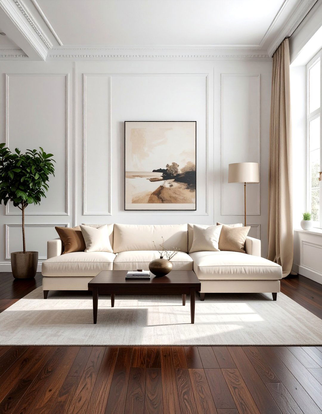 Living Room with Espresso Wood Floors and White Walls - 30 Brown and White Living Room Ideas for a Warm Look