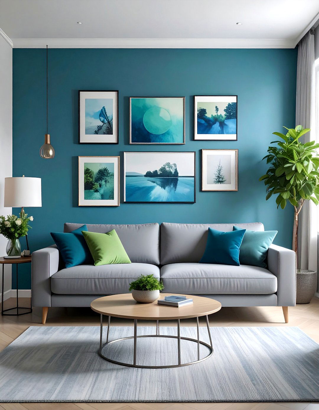 Living Room with a Blue and Green Gallery Wall - 20 Blue and Green Living Room Ideas for a Fresh Look