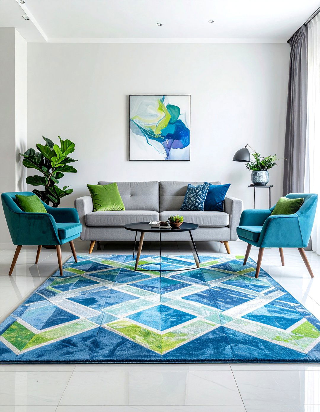 Living Room with a Blue and Green Patterned Area Rug - 20 Blue and Green Living Room Ideas for a Fresh Look