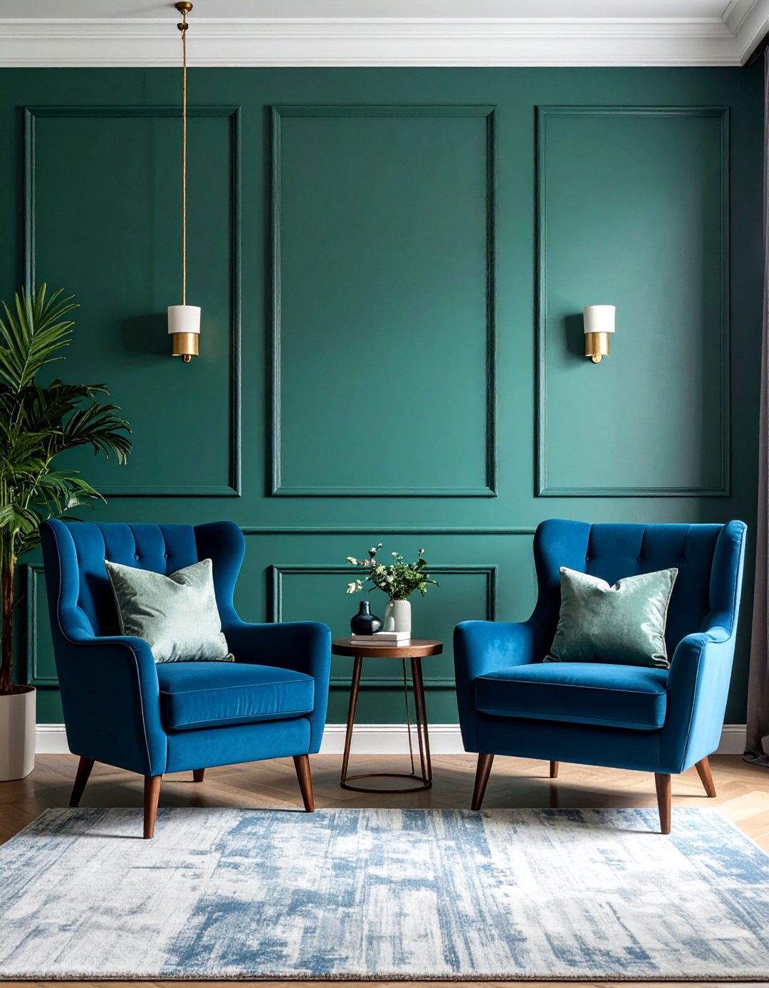 Living Room with a Forest Green Accent Wall and Royal Blue Chairs - 20 Blue and Green Living Room Ideas for a Fresh Look