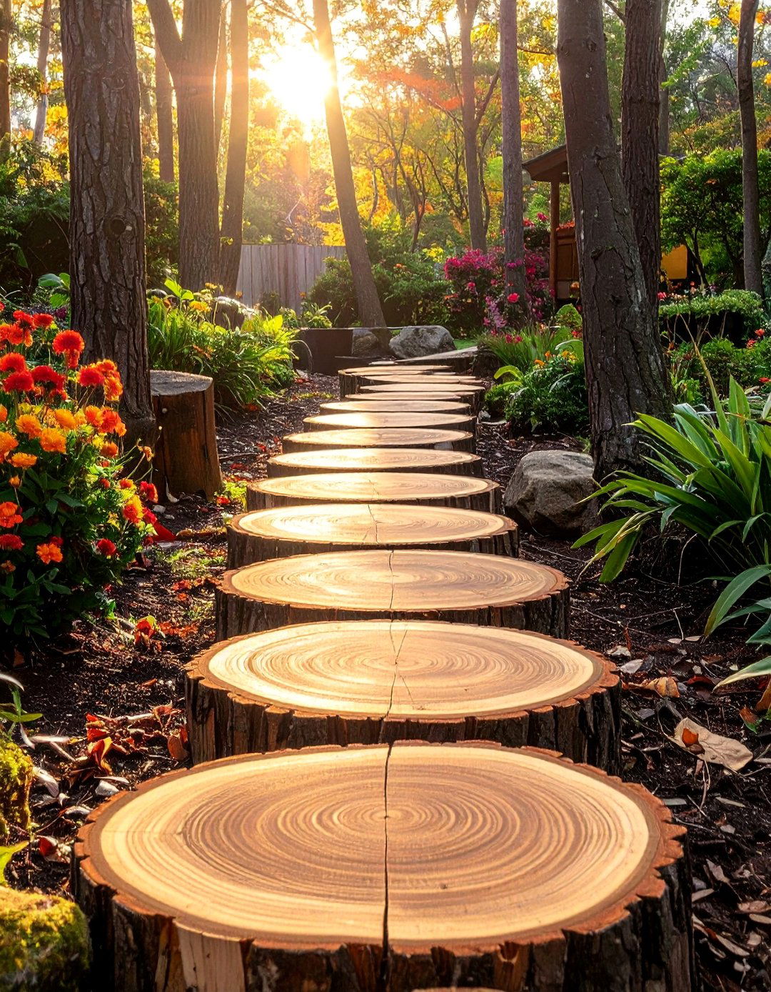 Log End Grain Stepping Stone Walkway - 30 Unique Stepping Stone Walkway Ideas for Your Yard
